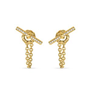 KNER-54 18K Gold Zirconia Round Chain Bar Clasp Twisted Minimalist Stud Earrings