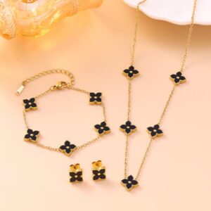 KNTZ08 18K gold stainless steel mother-of-pearl four-leaf clover bracelet, necklace, earring set - perfect accessory for all occasions for women