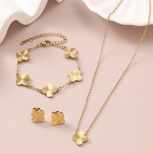 KNTZ04 Four-leaf clover necklace, bracelet, stud earrings and ring 18K gold titanium steel set
