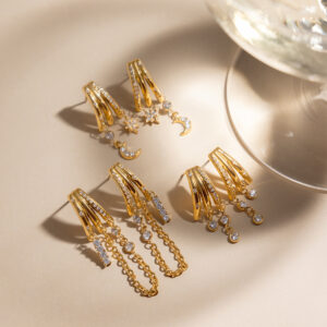 KNER-02 18K white zirconia crystal star and moon three-layer tassel earrings in stainless steel