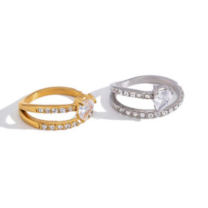 JZKN-03 Waterdrop-shaped double-layer linear white rhinestone stainless steel ring