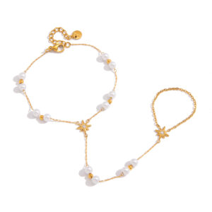 SLKN-05 European and American vacation-style white zirconium sun stainless steel interlocking bracelet, luxurious acrylic pearl finger chain