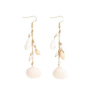 KNER-56 Summer Beach Pearl Shell Bohemian Long Tassel Gold Tone Earrings