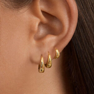 KNER-55 3 Pairs 18K Gold Plated Chunky Hoop Earrings Set for Women, Thick Huggie Hoops Trio Pack, Minimalist High Polish Dome Creoles (11mm 14mm 16mm), Hypoallergenic Lightweight Curated Ear Stacking Jewelry Set