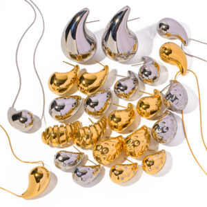 KNER-70 Chunky Stainless Steel Teardrop Earrings for Women, 18K Gold Silver Waterdrop Stud Earrings, Minimalist Lightweight Hollow Hoop Jewelry, INS Tarnish-Free Gift Set