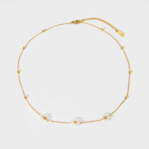 KNXL23 Vintage Floral Pearl Pendant Necklace for Women, PVD 18K Gold Plated Stainless Steel Chain, Waterproof Tarnish-Free Cute Blossom Choker, Niche Premium Jewelry Gift