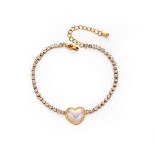 SLKN-13 Vintage Mother of Pearl Bracelet for Women - Stainless Steel Chain with Sparkling Crystals | Minimalist Heart, Flower & Butterfly Jewelry Gift