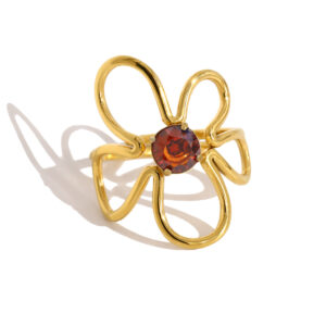 JZKN-16 PVD 18K Gold Plated Stainless Steel Flower Ring for Women, Abstract Hollow Wireframe Floral Statement Ring, Retro Amber Orange Zircon Center, Waterproof Tarnish-Free Ins Style Chunky Cocktail Ring Jewelry